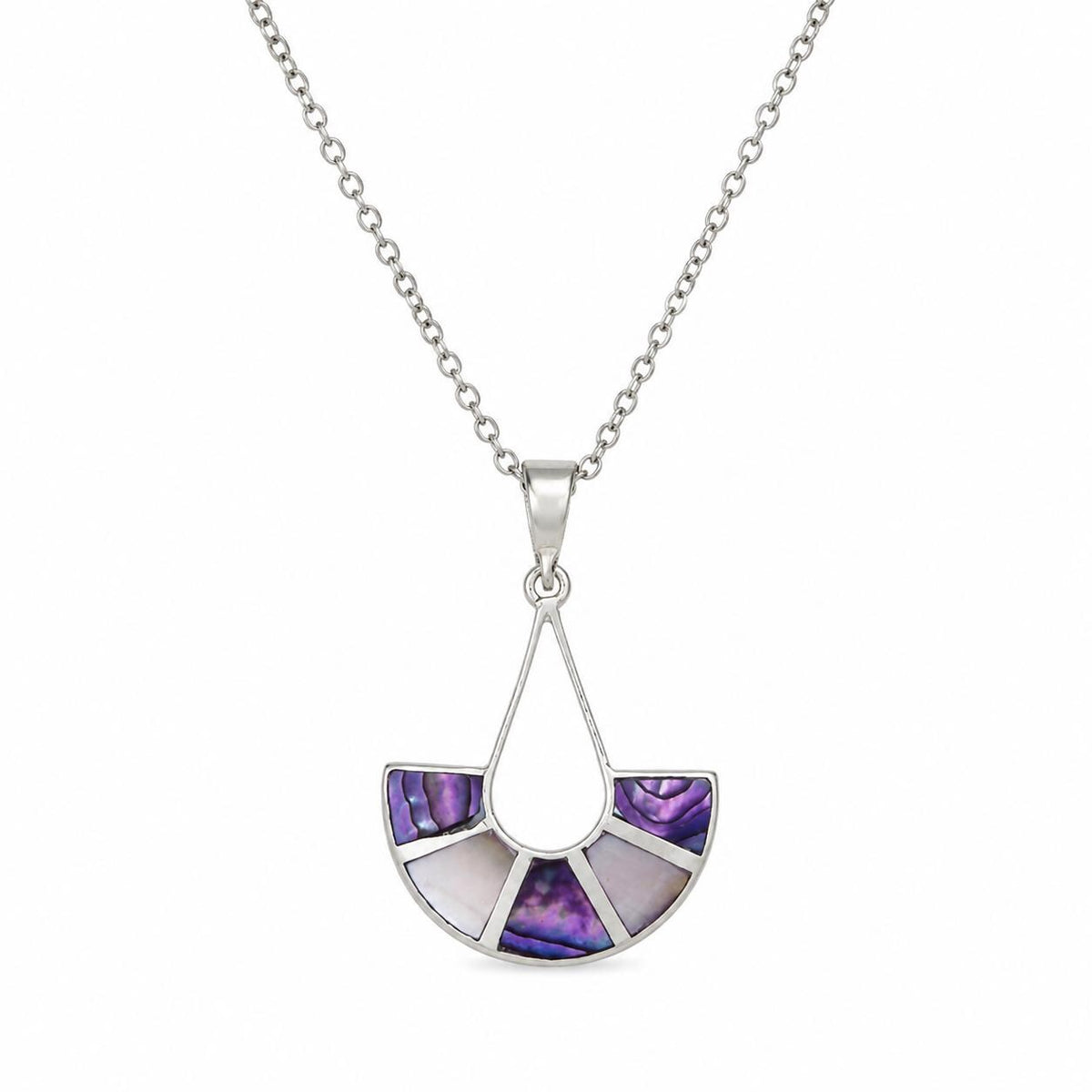 Art Deco Purple Abalone Shell Fan Pendant – Handmade Taxco Silver Necklace
