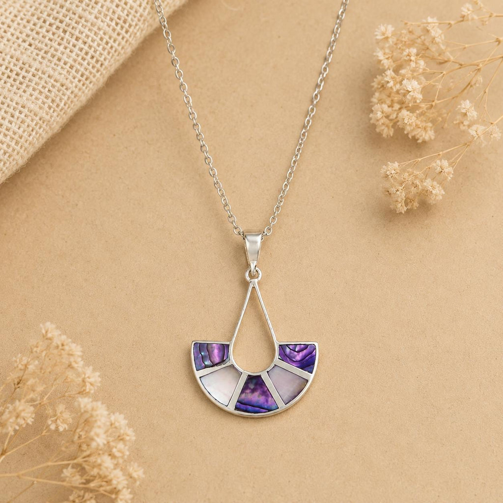 Art Deco Purple Abalone Shell Fan Pendant – Handmade Taxco Silver Necklace