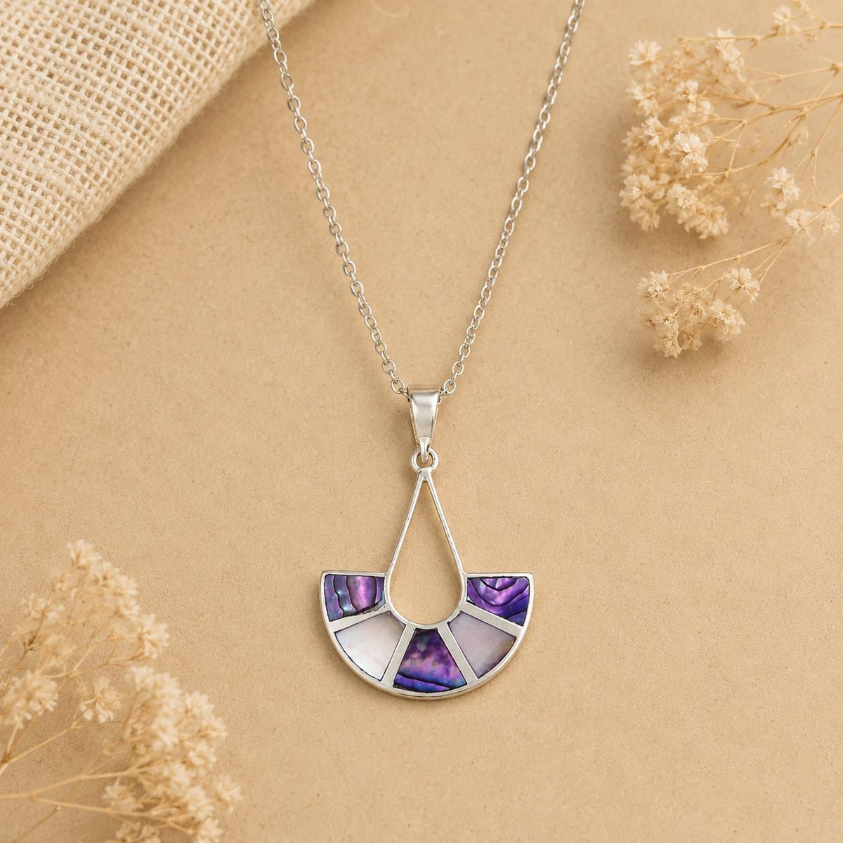 Art Deco Purple Abalone Shell Fan Pendant – Handmade Taxco Silver Necklace