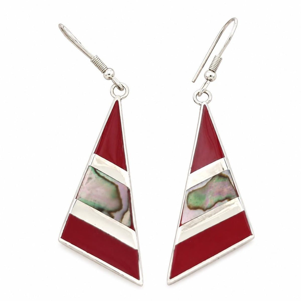 Silver Plated Abalone Inlay Triangle Earrings: Art Deco Taxco Enamel Resin Design