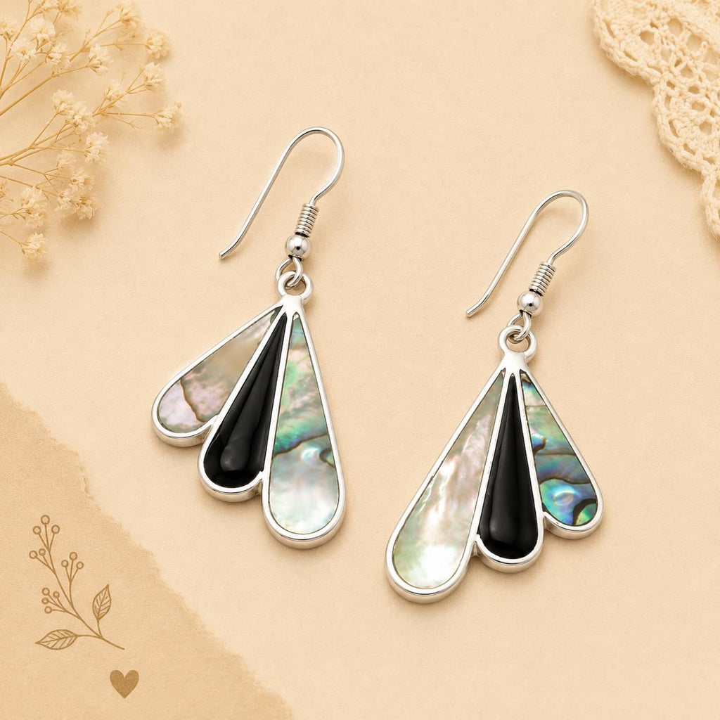 Art Deco Abalone Fan Earrings, Silver Plated, Mexican Azteca Jewelry