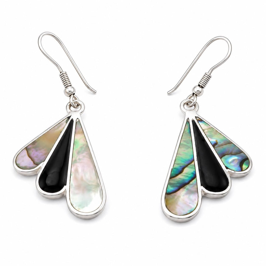 Art Deco Abalone Fan Earrings, Silver Plated, Mexican Azteca Jewelry
