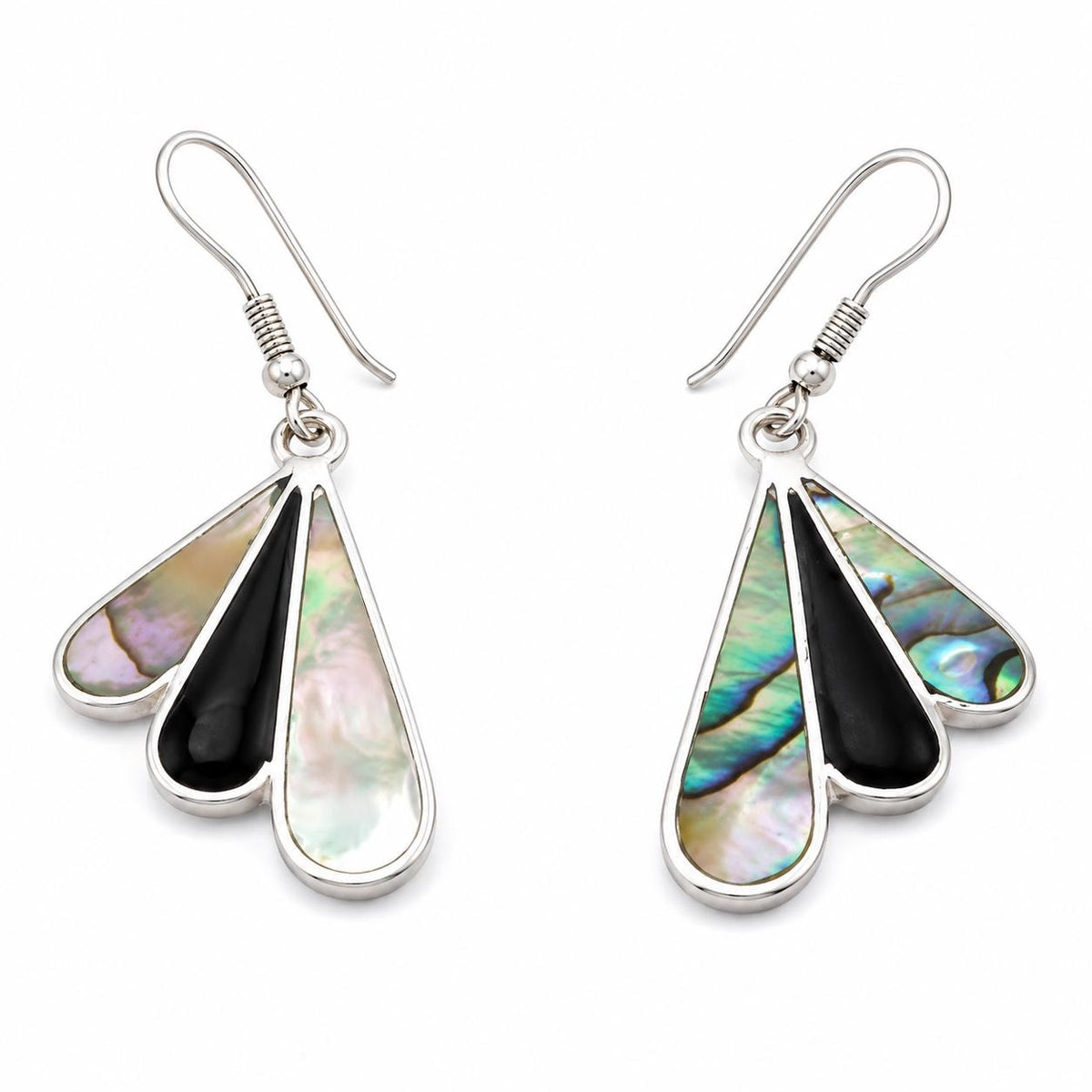 Art Deco Abalone Fan Earrings, Silver Plated, Mexican Azteca Jewelry