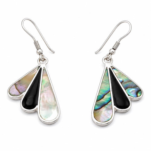 Art Deco Abalone Fan Earrings, Silver Plated, Mexican Azteca Jewelry