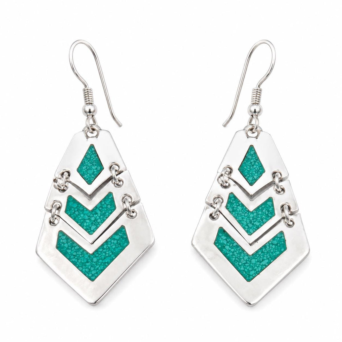 Handmade Silver Plated Malachite Earrings: Articulated Azteca Design with Chain Detail, Mexican Artisan Jewelry