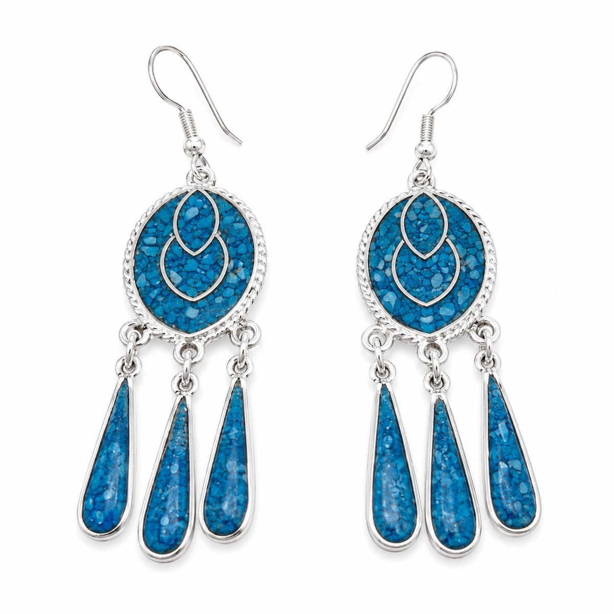 Handcrafted Mexican Artisan Silver Plated Earrings with Turquoise Inlay Tassel Embellishments