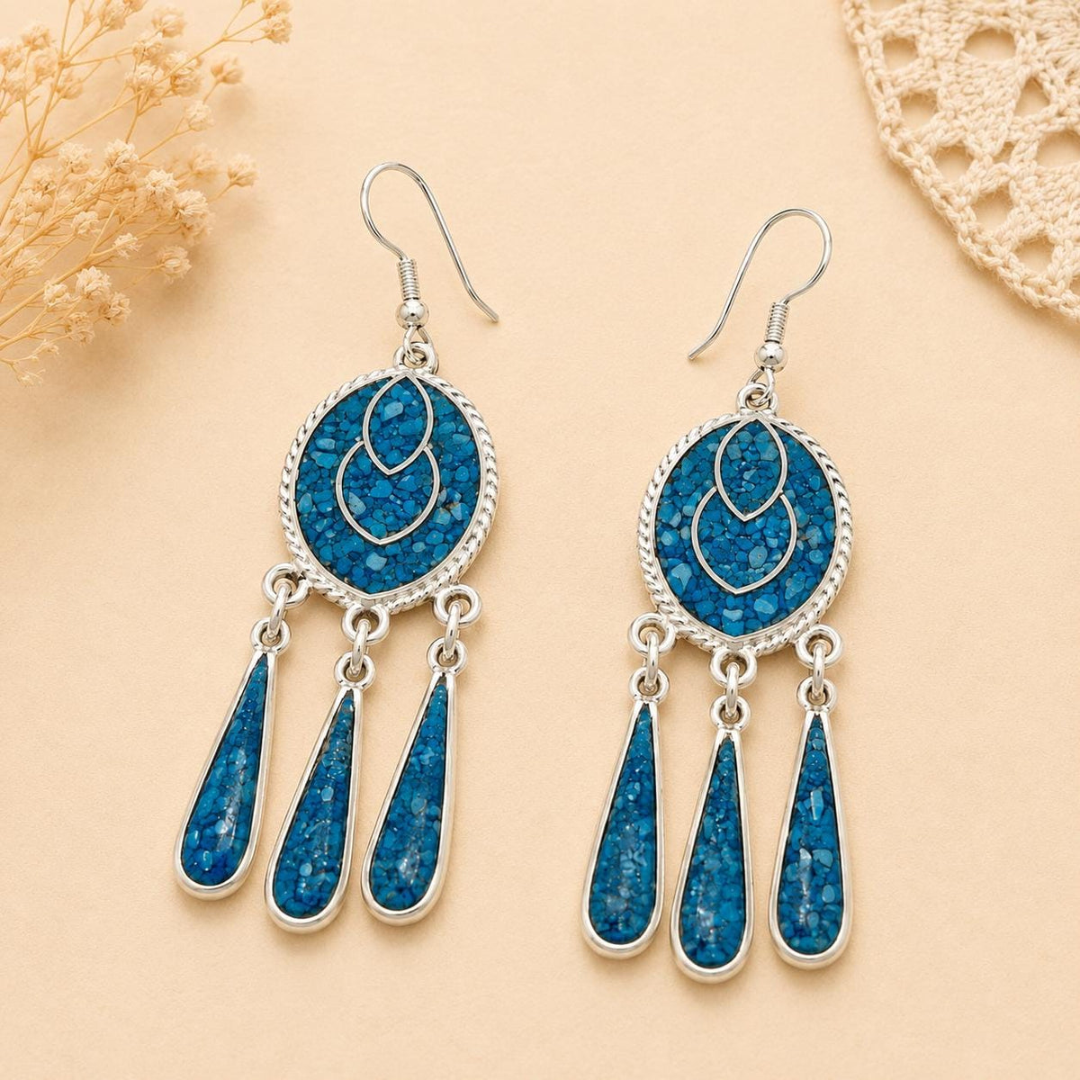 Handcrafted Mexican Artisan Silver Plated Earrings with Turquoise Inlay Tassel Embellishments