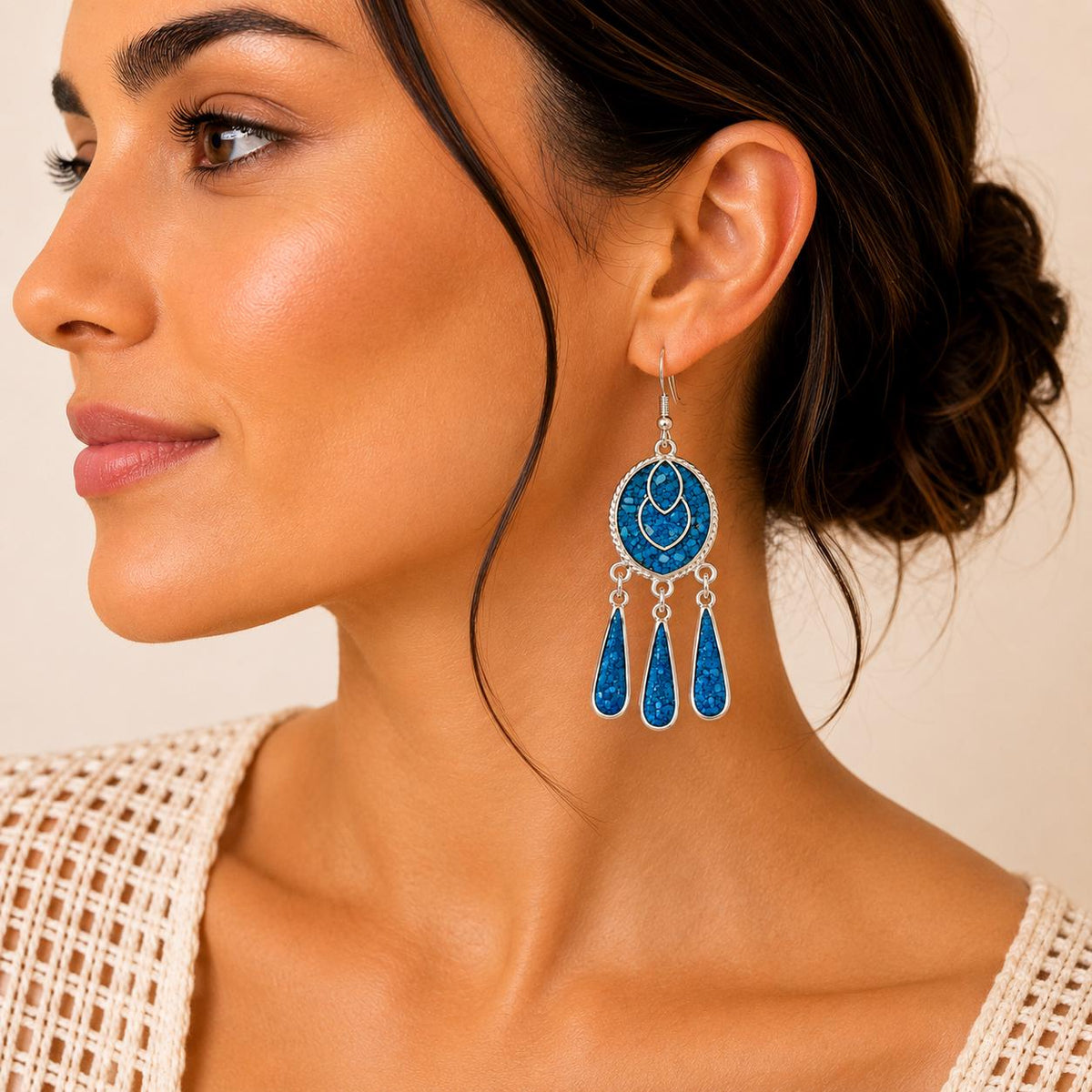 Handcrafted Mexican Artisan Silver Plated Earrings with Turquoise Inlay Tassel Embellishments