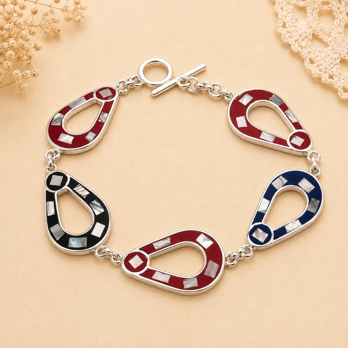Handmade Mexican Silver Abalone Bracelet with Red and Blue Enamel Resin Design