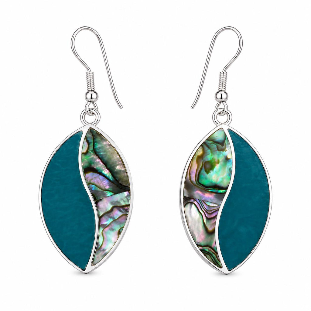 Silver Plated Abalone Shell Earrings – Green Enamel Art Deco Design from Taxco
