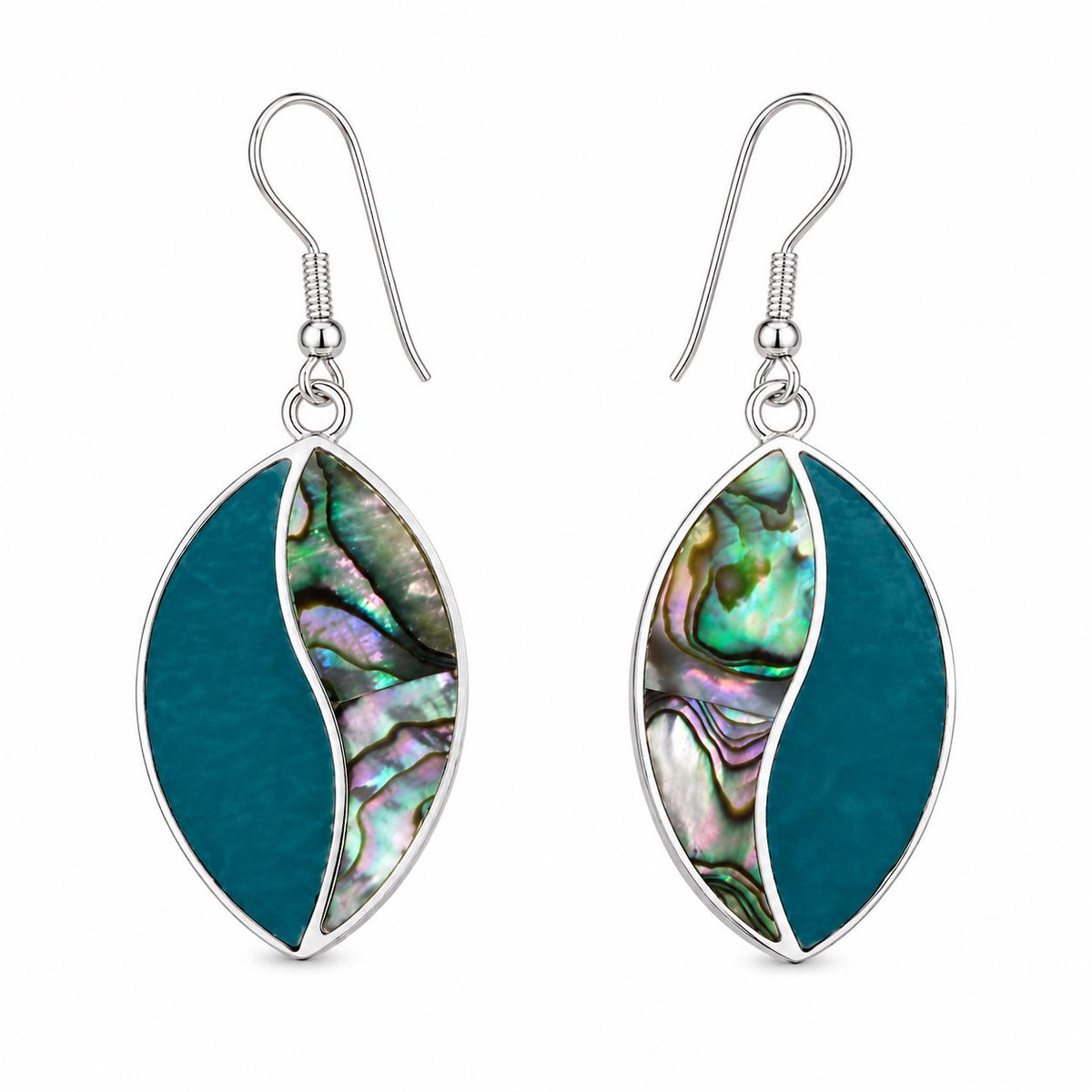 Silver Plated Abalone Shell Earrings – Green Enamel Art Deco Design from Taxco