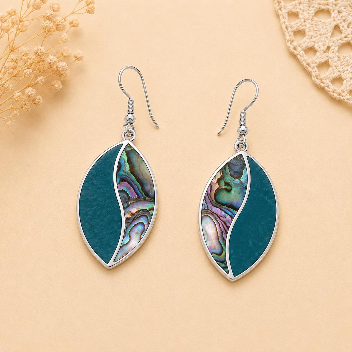 Silver Plated Abalone Shell Earrings – Green Enamel Art Deco Design from Taxco