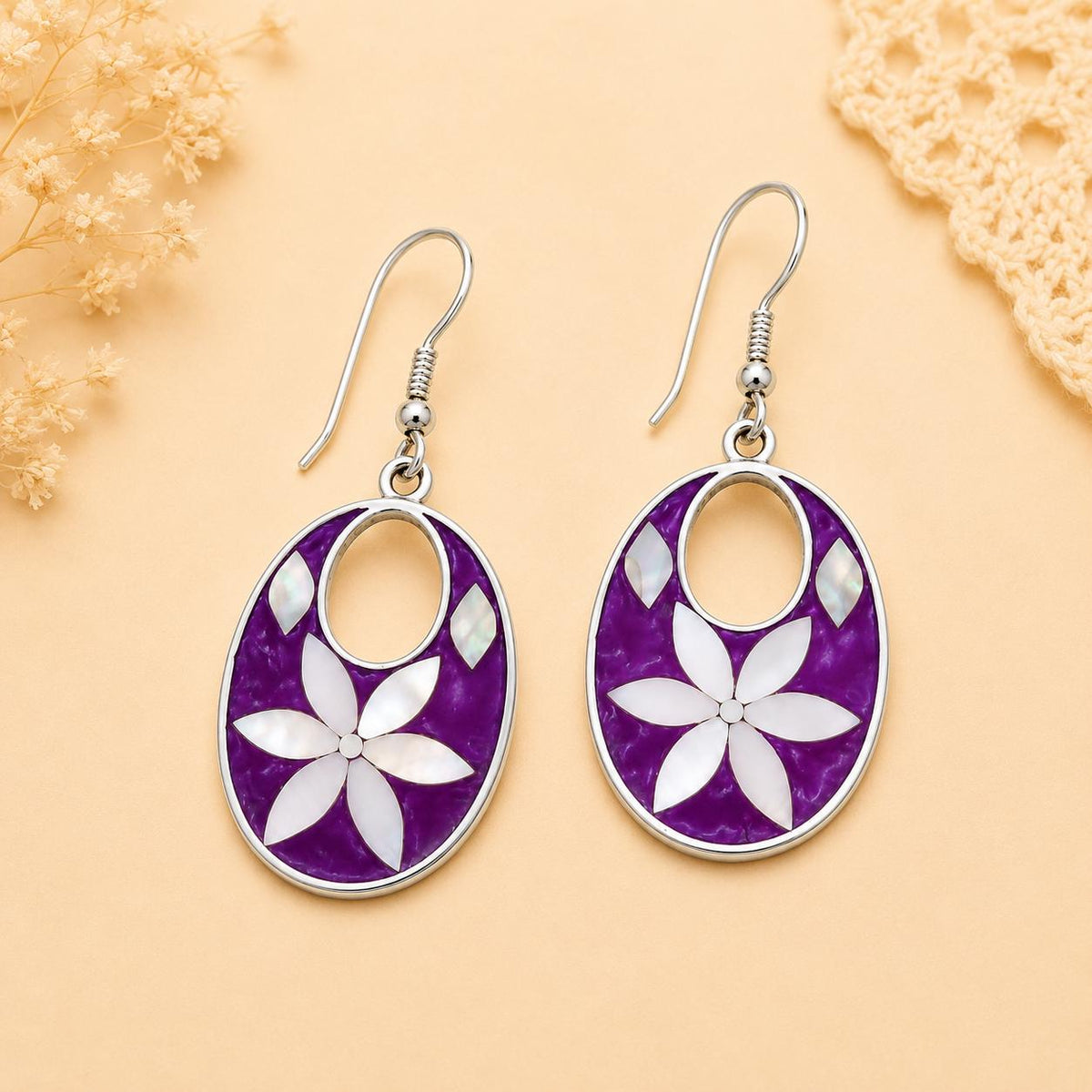 Silver Plated Floral Earrings with Mother of Pearl, Abalone Shell – Mexican Boho Chic Jewelry