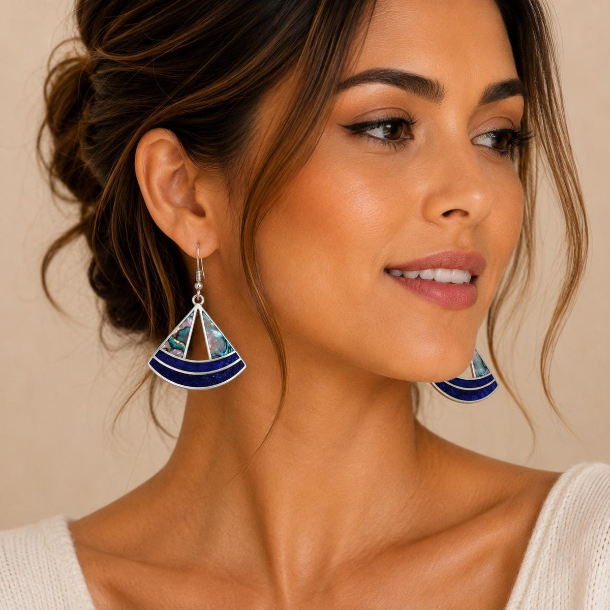 Handcrafted Abalone Shell Fan Earrings, Blue Resin, Silver Plated 950, Mexican Artisan Jewelry