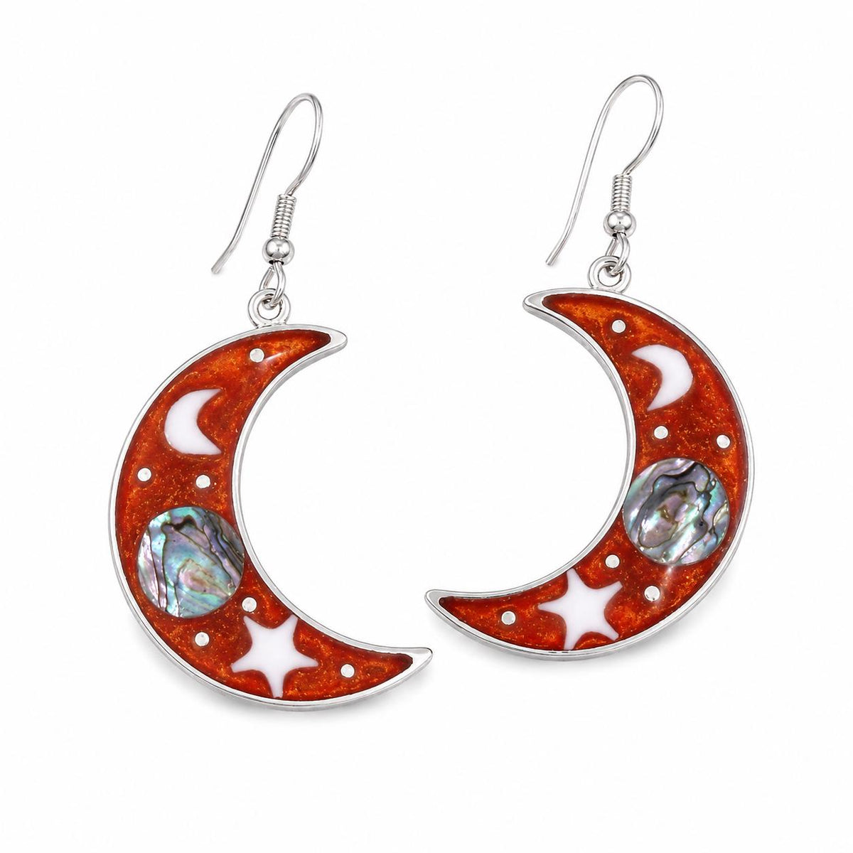 Handcrafted Silver Plated Crescent Moon Earrings: Abalone & Nacre Resin, Boho Chic Artisan Mexican Jewelry