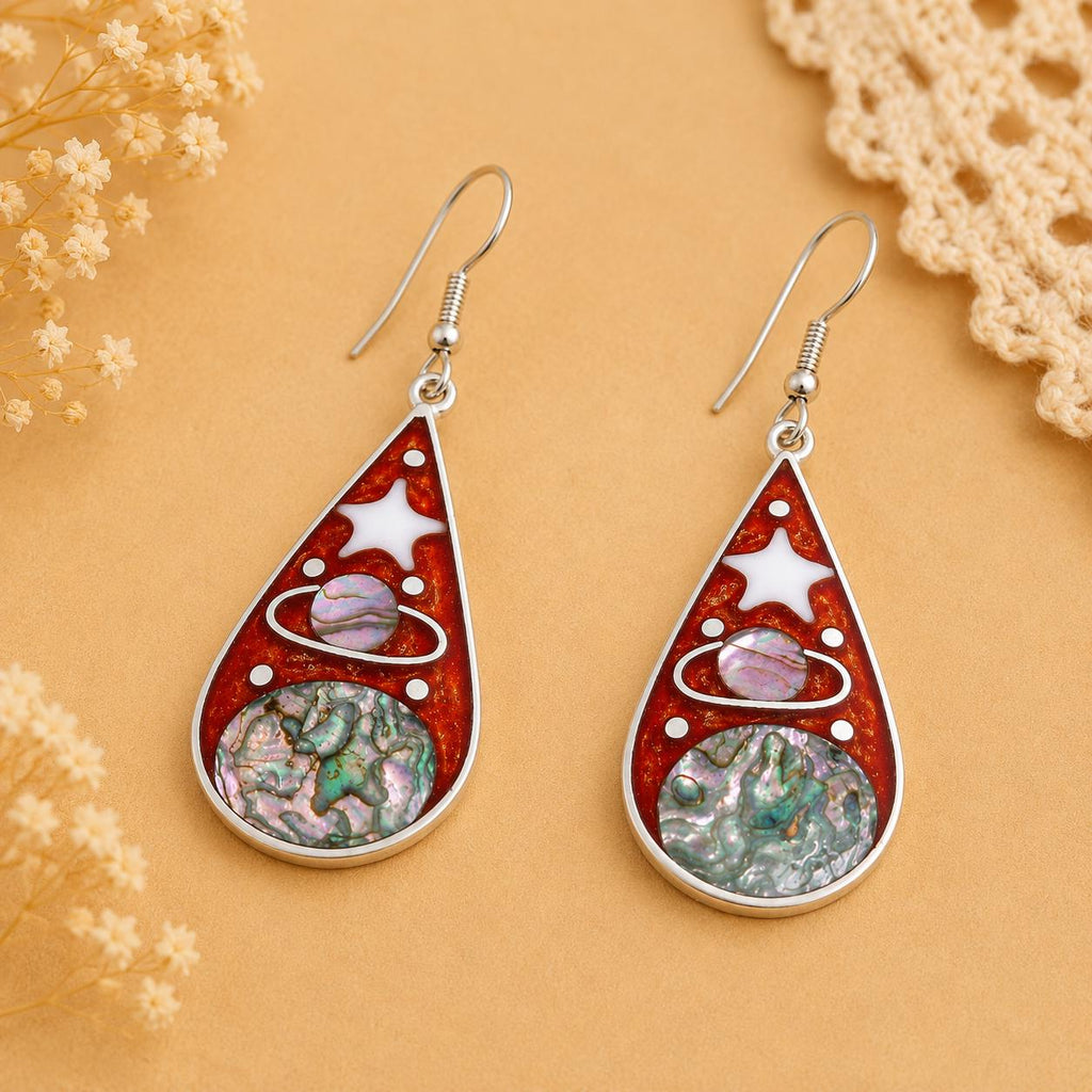 Handcrafted Silver Plated Abalone Celestial Earrings, Mexican Boho Moon Star Jewelry