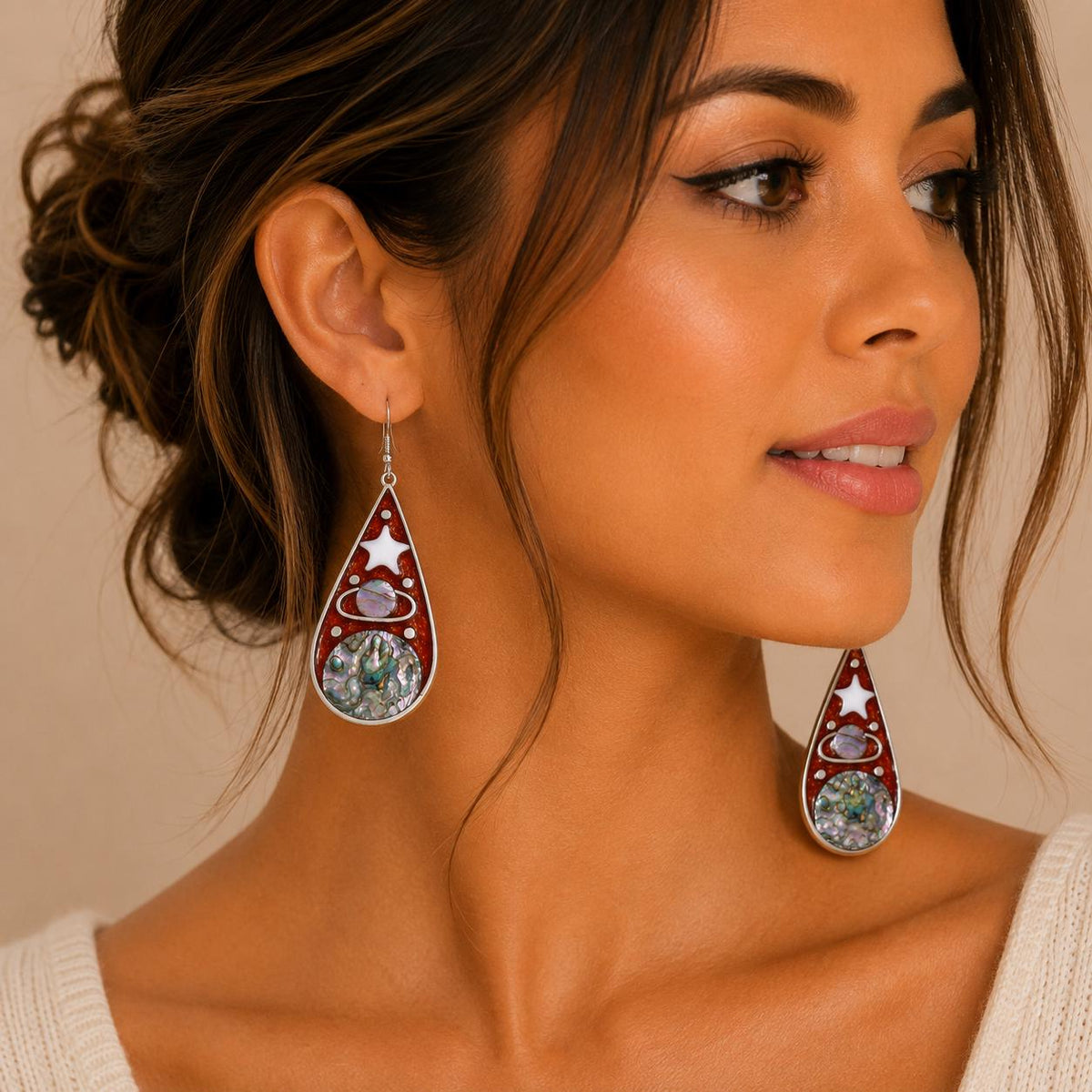 Handcrafted Silver Plated Abalone Celestial Earrings, Mexican Boho Moon Star Jewelry