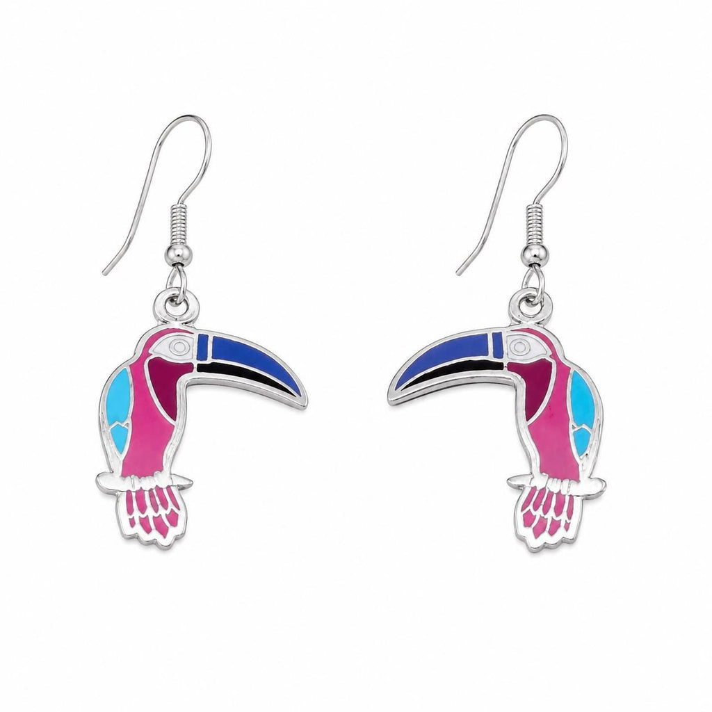 Artisan Mexican Toucan Earrings – Silver Plated Enamel Resin Jewelry