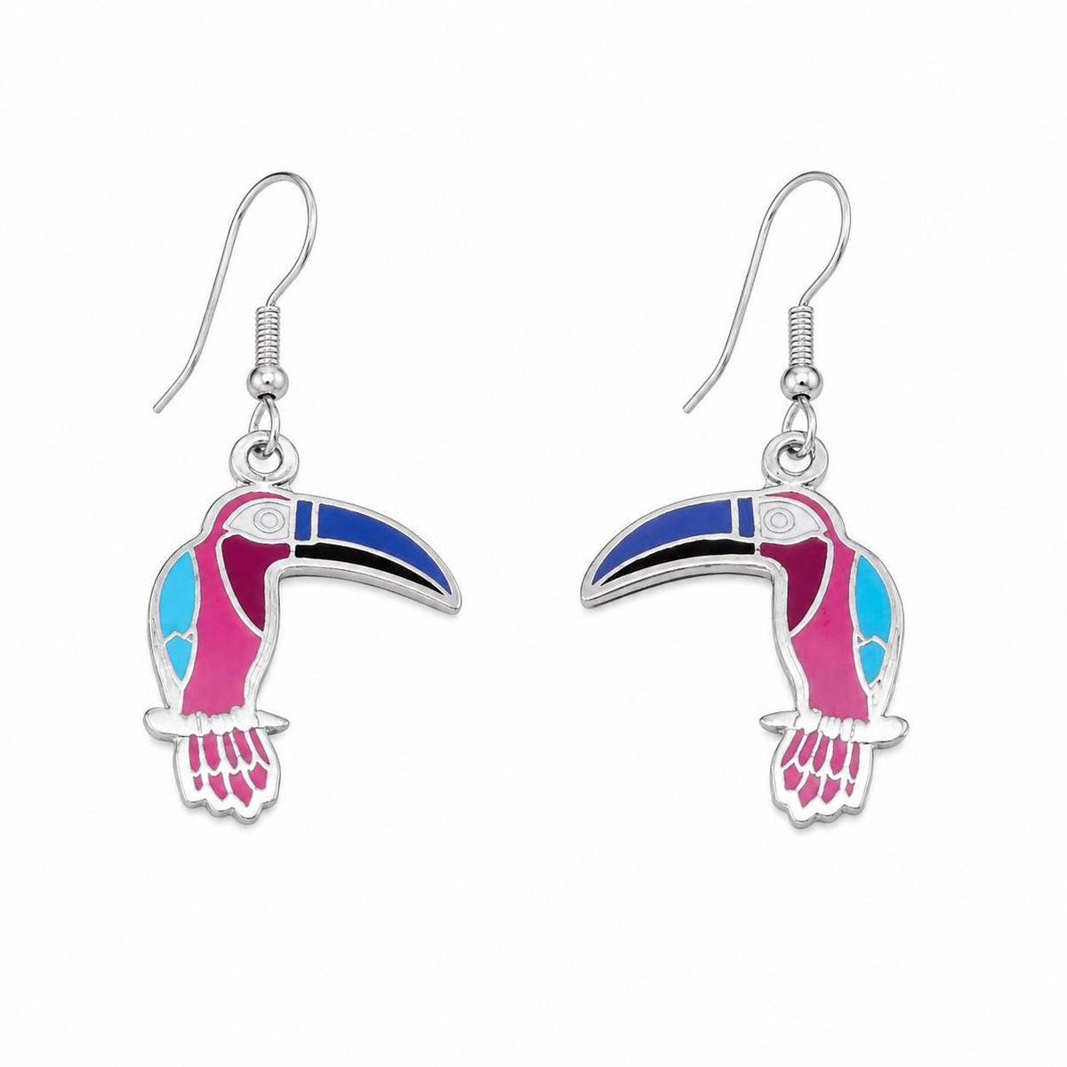 Artisan Mexican Toucan Earrings – Silver Plated Enamel Resin Jewelry