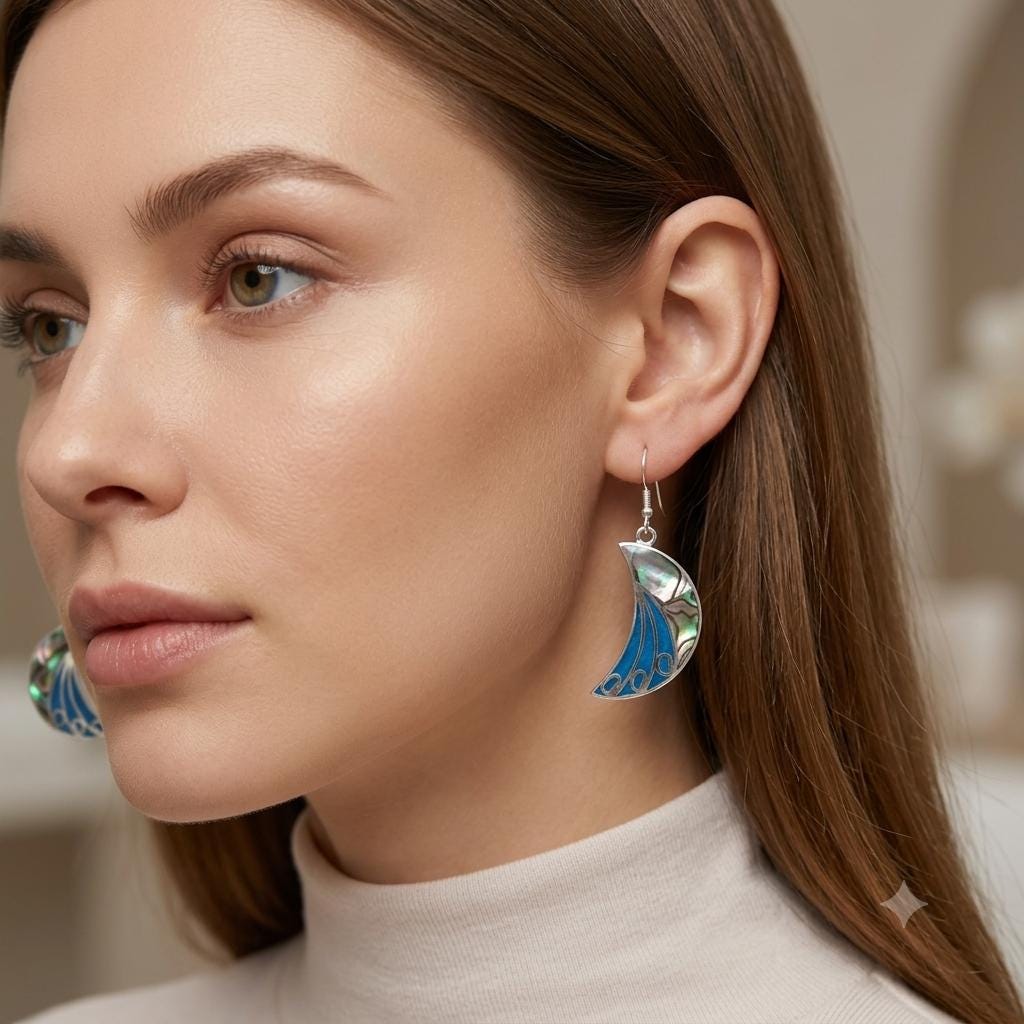 Artisan Silver Plated Abalone Moon Earrings, Blue Enamel Style - Mexican Handmade Jewelry from Taxco