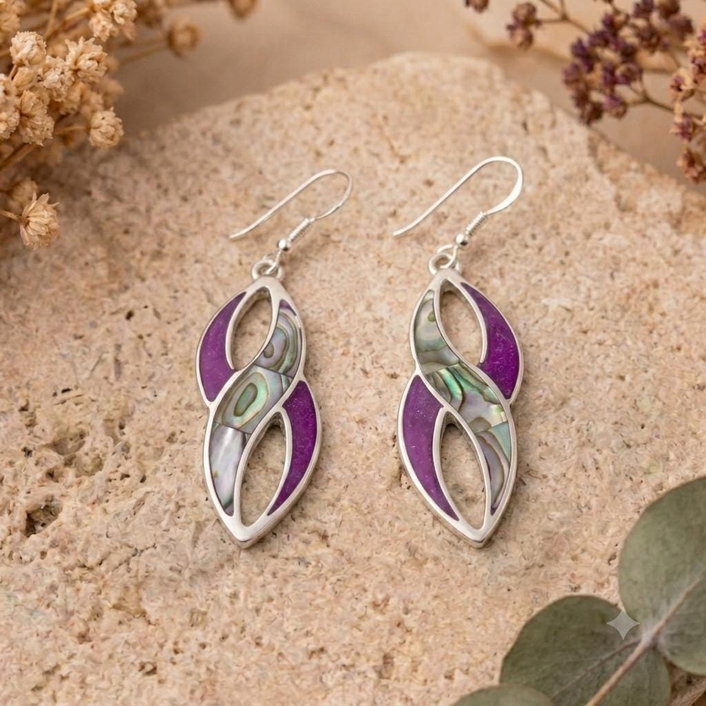 Art Deco Abalone Shell Earrings, Bougainvillea Resin, Silver Plated