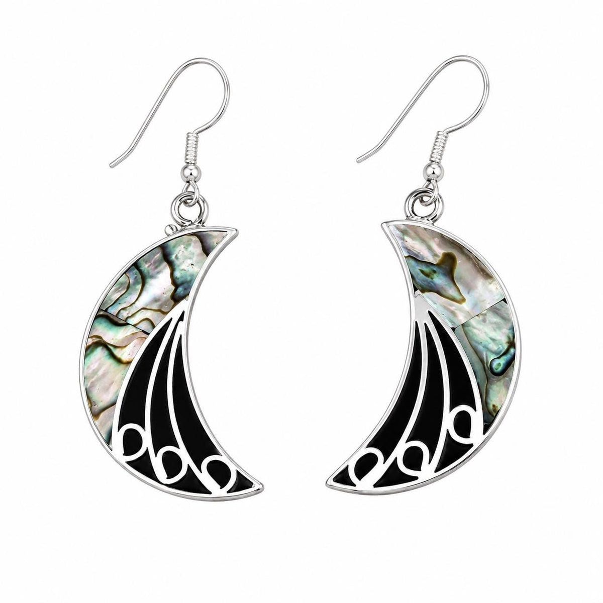 Art Deco Abalone Crescent Moon Earrings, Silver Plated, Black Enamel Resin Celestial