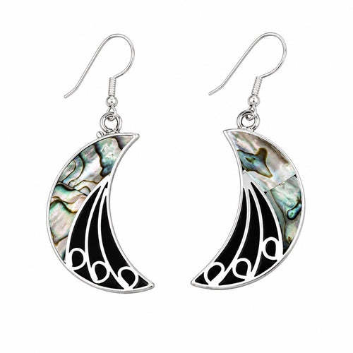 Art Deco Abalone Crescent Moon Earrings, Silver Plated, Black Enamel Resin Celestial