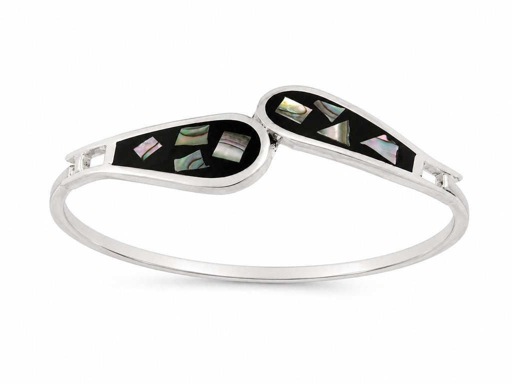 Abalone Black Resin Bangle, Silver Plated Mexican Artisan Cuff, Art Deco Style