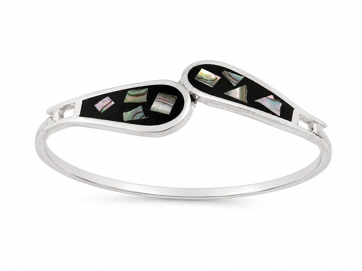 Abalone Black Resin Bangle, Silver Plated Mexican Artisan Cuff, Art Deco Style