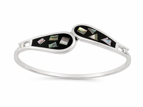 Abalone Black Resin Bangle, Silver Plated Mexican Artisan Cuff, Art Deco Style