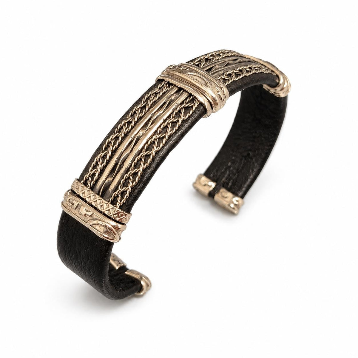Brass Leather Cuff Bangle – Mixed Metal Unisex Adjustable Bracelet