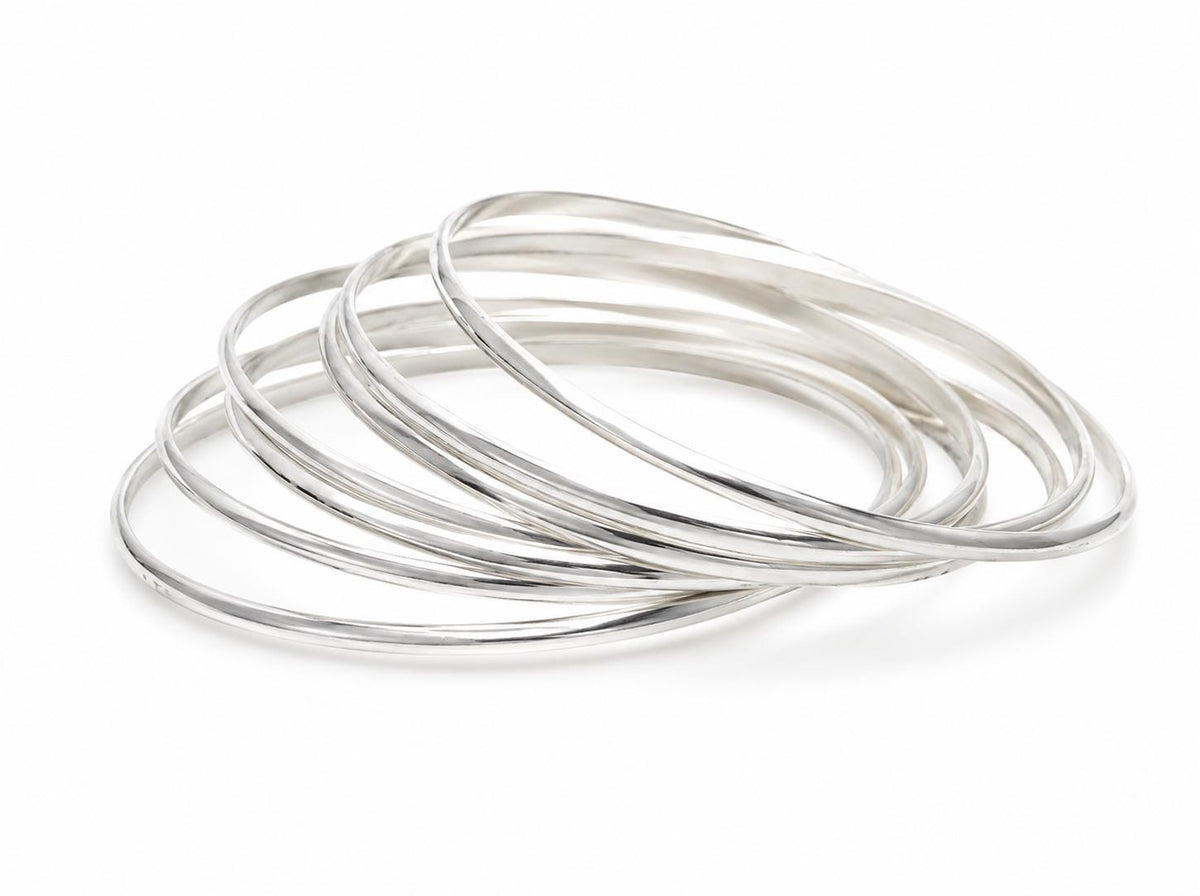 Silver Plated Bangle Set: Mexican Boho Half Round Bracelets