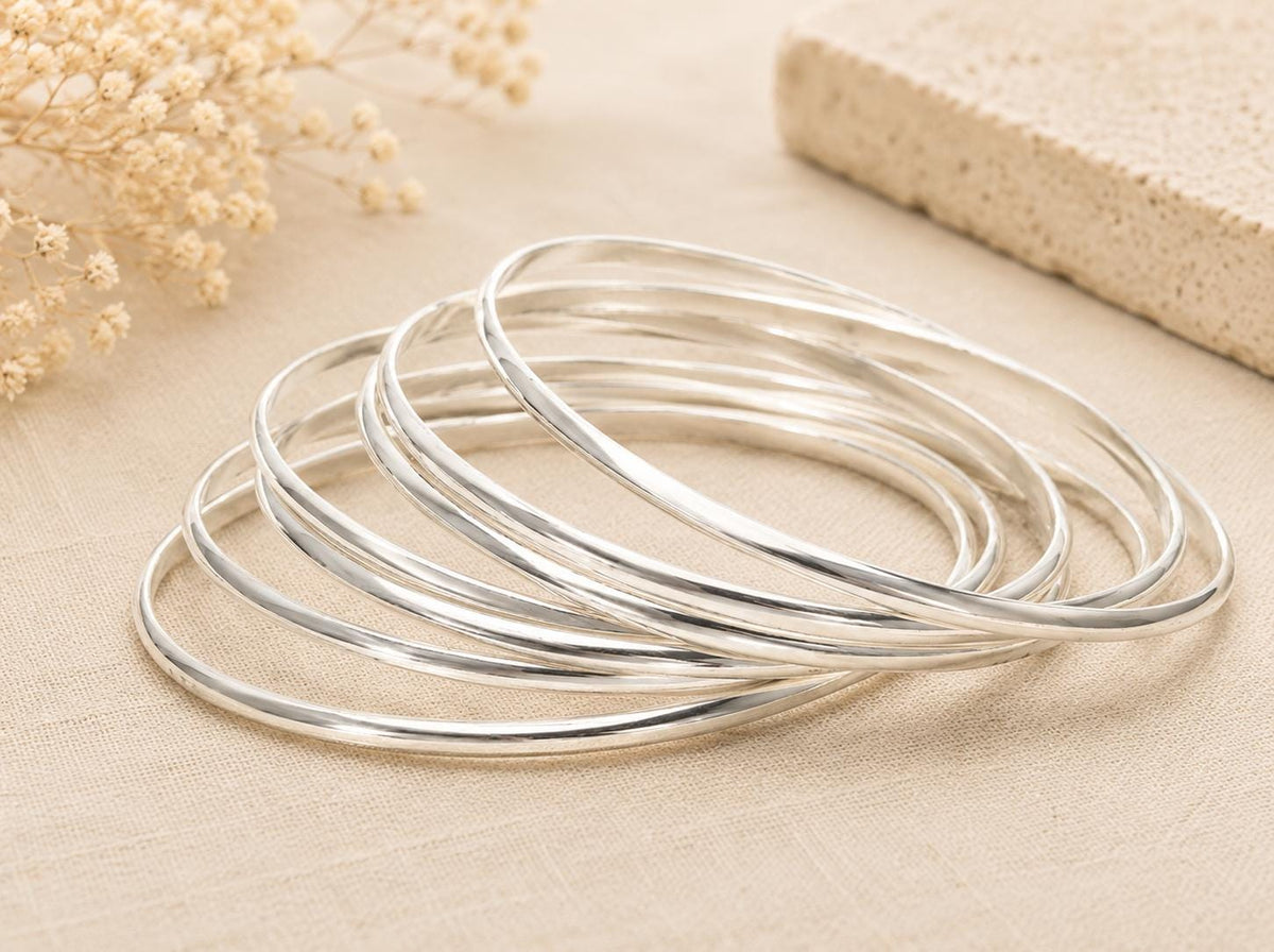 Silver Plated Bangle Set: Mexican Boho Half Round Bracelets
