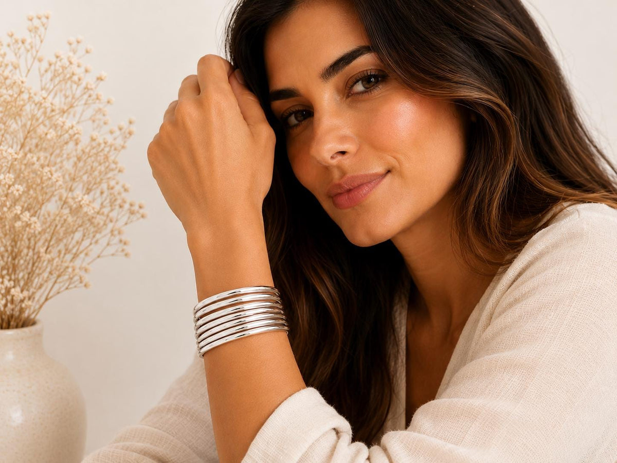 Set of 7 Silver Plated Stackable Bracelets – Mexican Boho Half Round Design