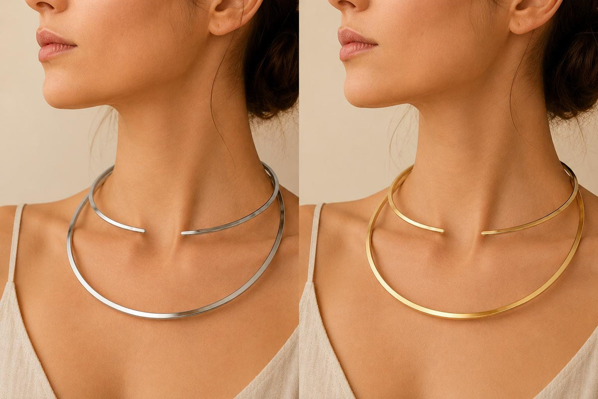 Set of 2 Silver Plated Brass Open Chokers – Minimalist Torc Necklaces