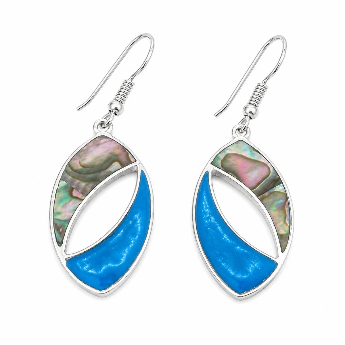 Art Deco Abalone Shell Earrings – Silver Plated Taxco Jewelry, Blue Resin Accents