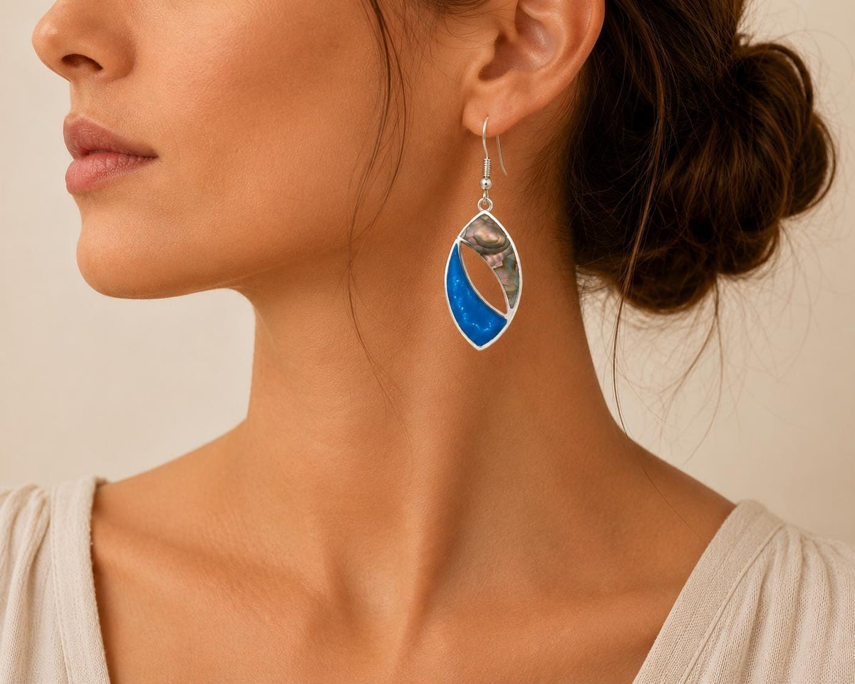 Art Deco Abalone Shell Earrings – Silver Plated Taxco Jewelry, Blue Resin Accents