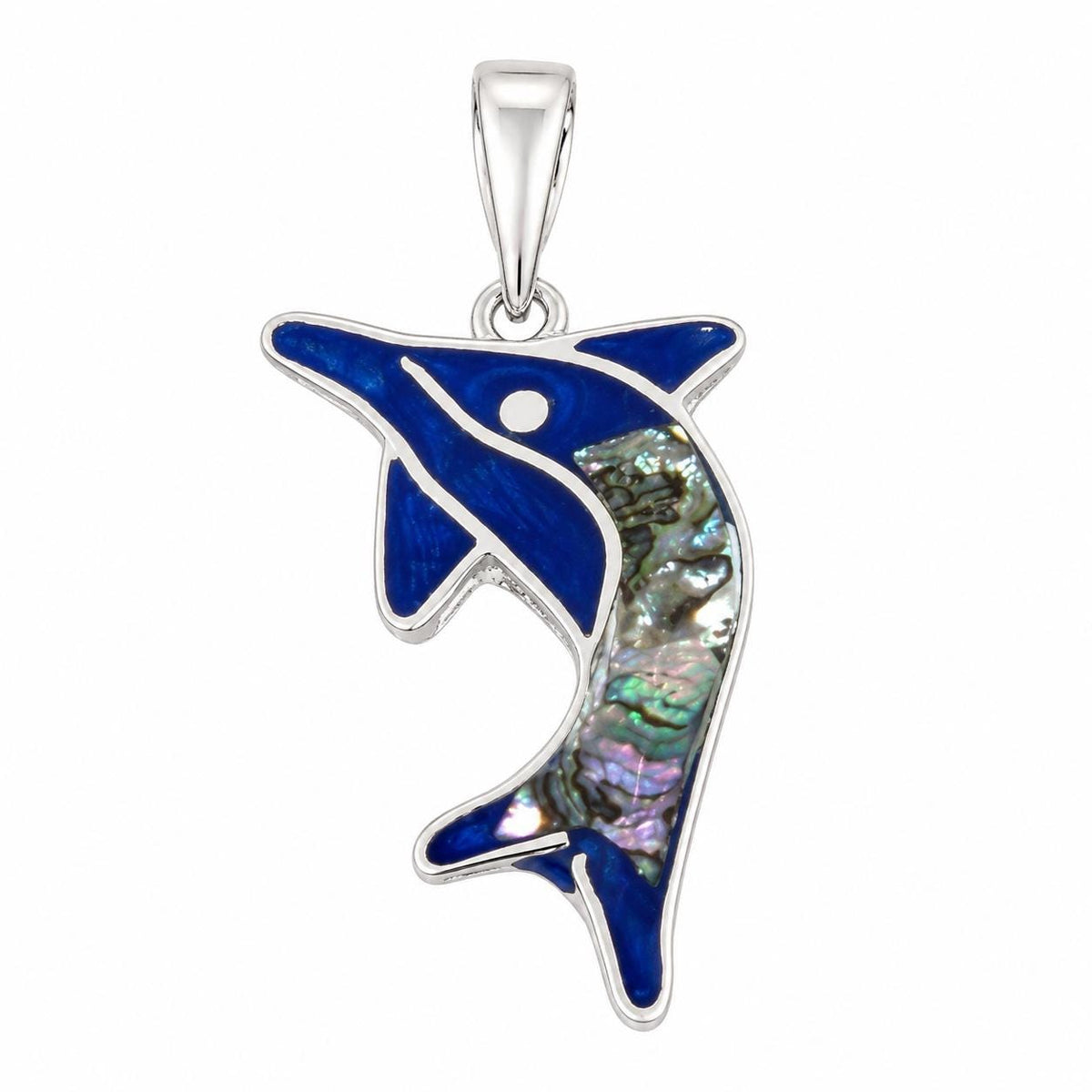 Silver Plated Abalone Dolphin Pendant – Blue Enamel Boho Chic Jewelry