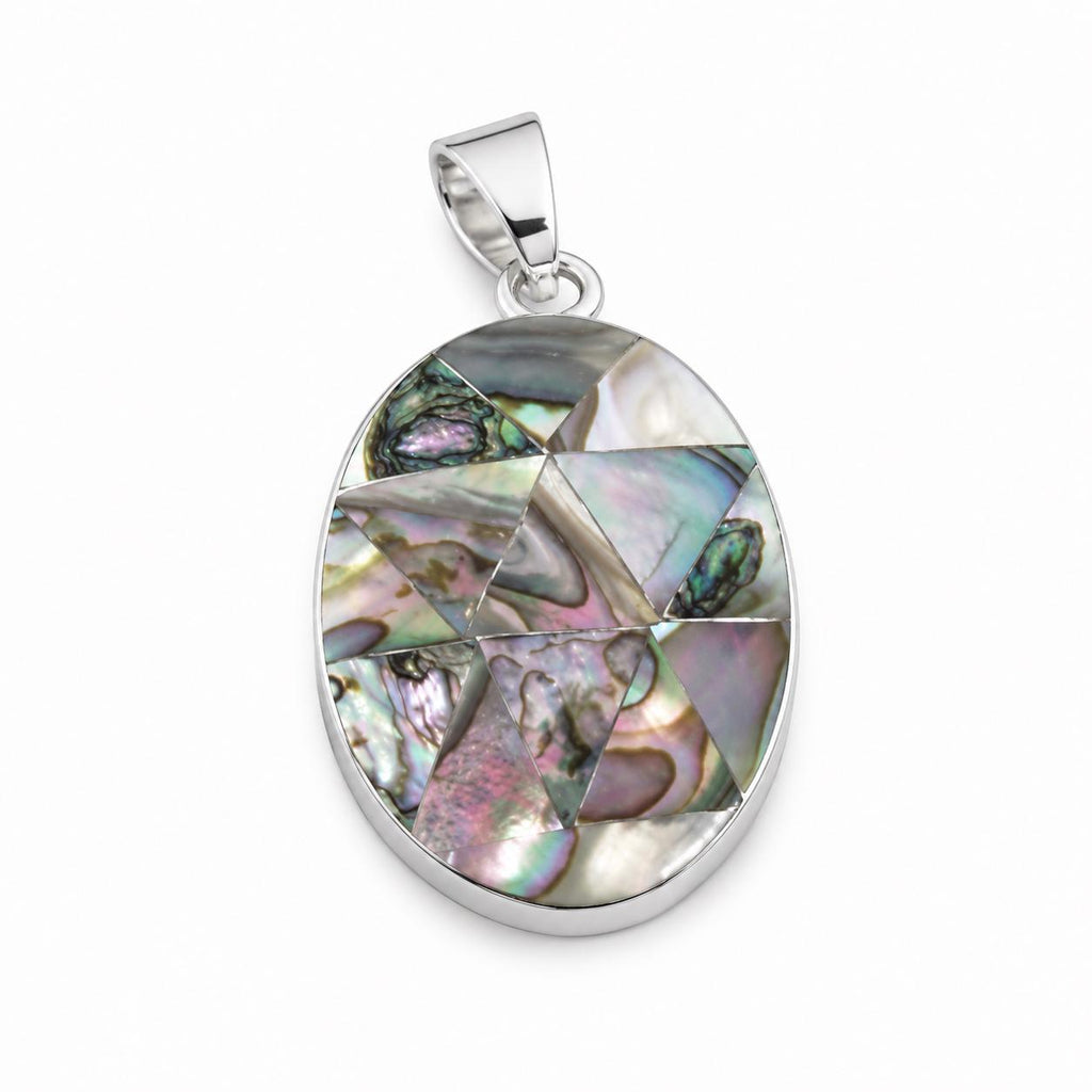 Handcrafted Mexican Abalone Shell Pendant: Silver Plated Geometric Boho Chic Necklace - Aztec Earrings