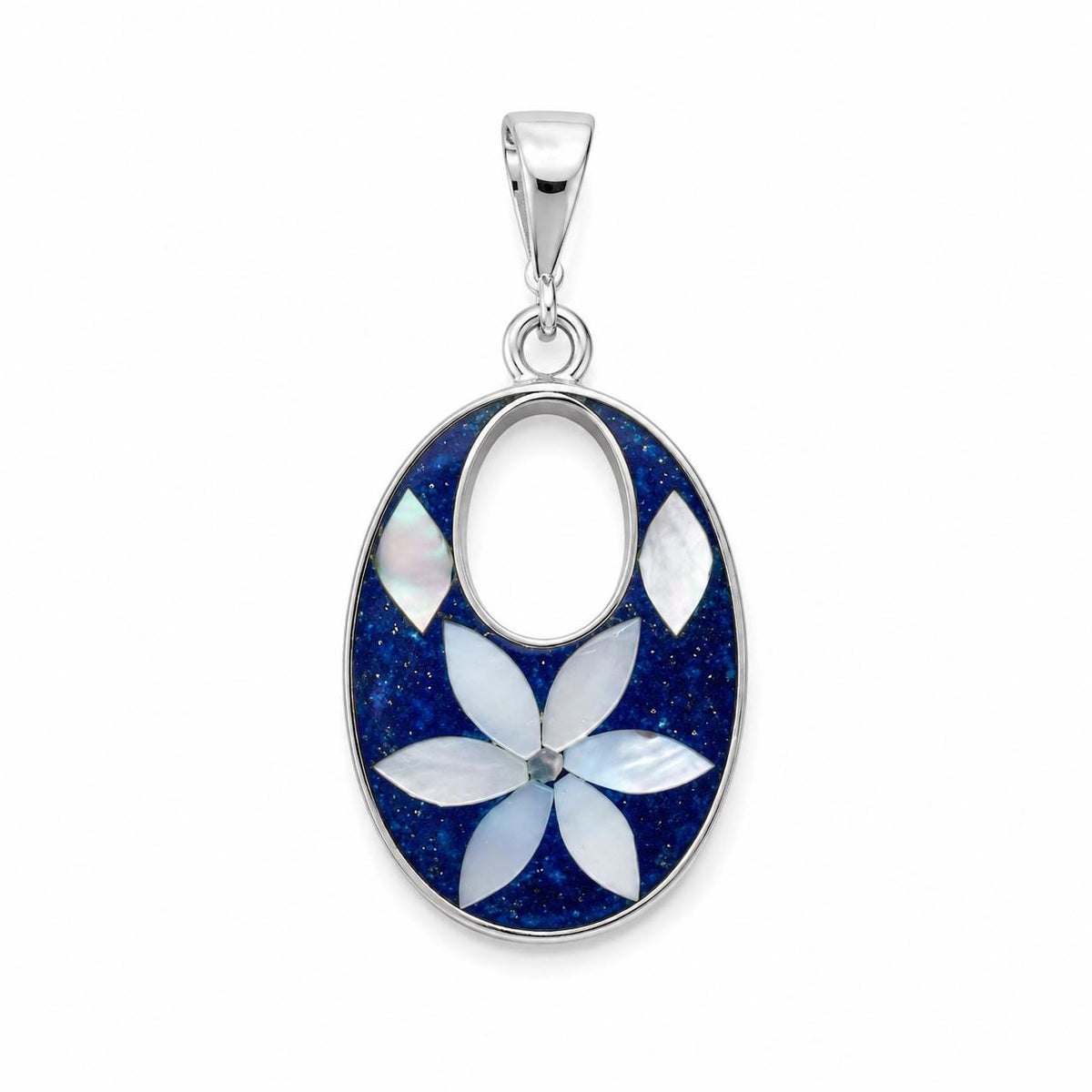 Silver Plated Floral Pendant – Mother of Pearl, Blue Resin, Boho Chic Jewelry