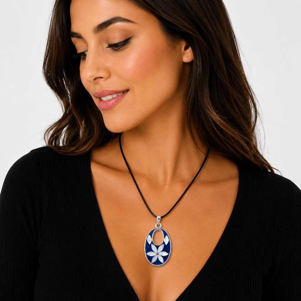 Silver Plated Floral Pendant – Mother of Pearl, Blue Resin, Boho Chic Jewelry