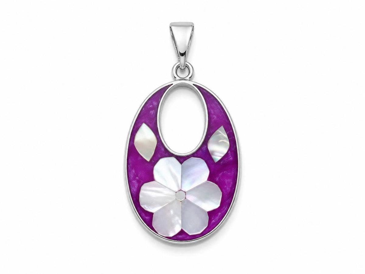 Vintage Mother of Pearl Flower Pendant: Silver Plated Mexican Necklace, Boho Chic Resin Design