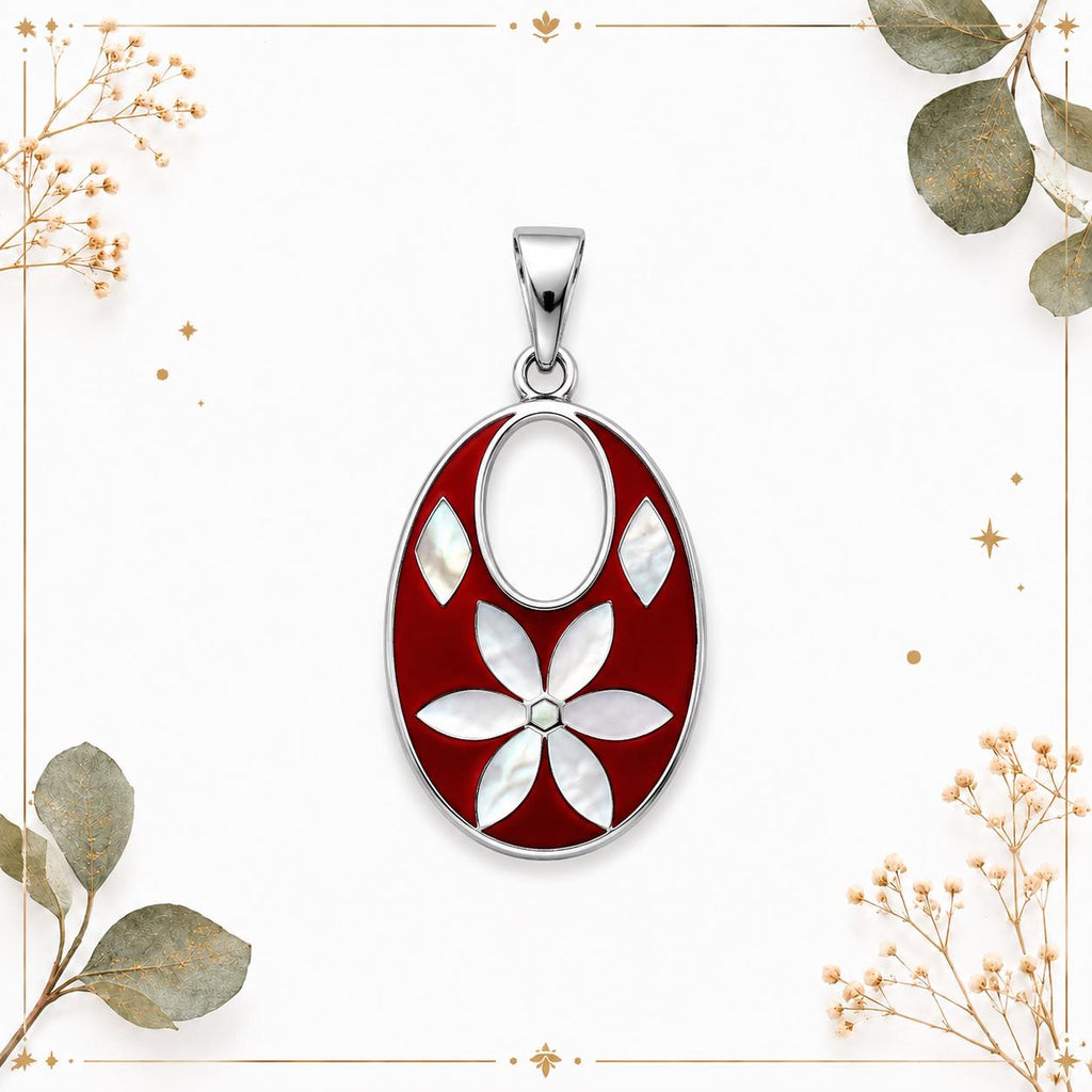 Silver Plated Mexican Pendant – Mother of Pearl Flower, Red Resin Boho Chic Jewelry