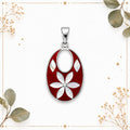 Silver Plated Mexican Pendant – Mother of Pearl Flower, Red Resin Boho Chic Jewelry