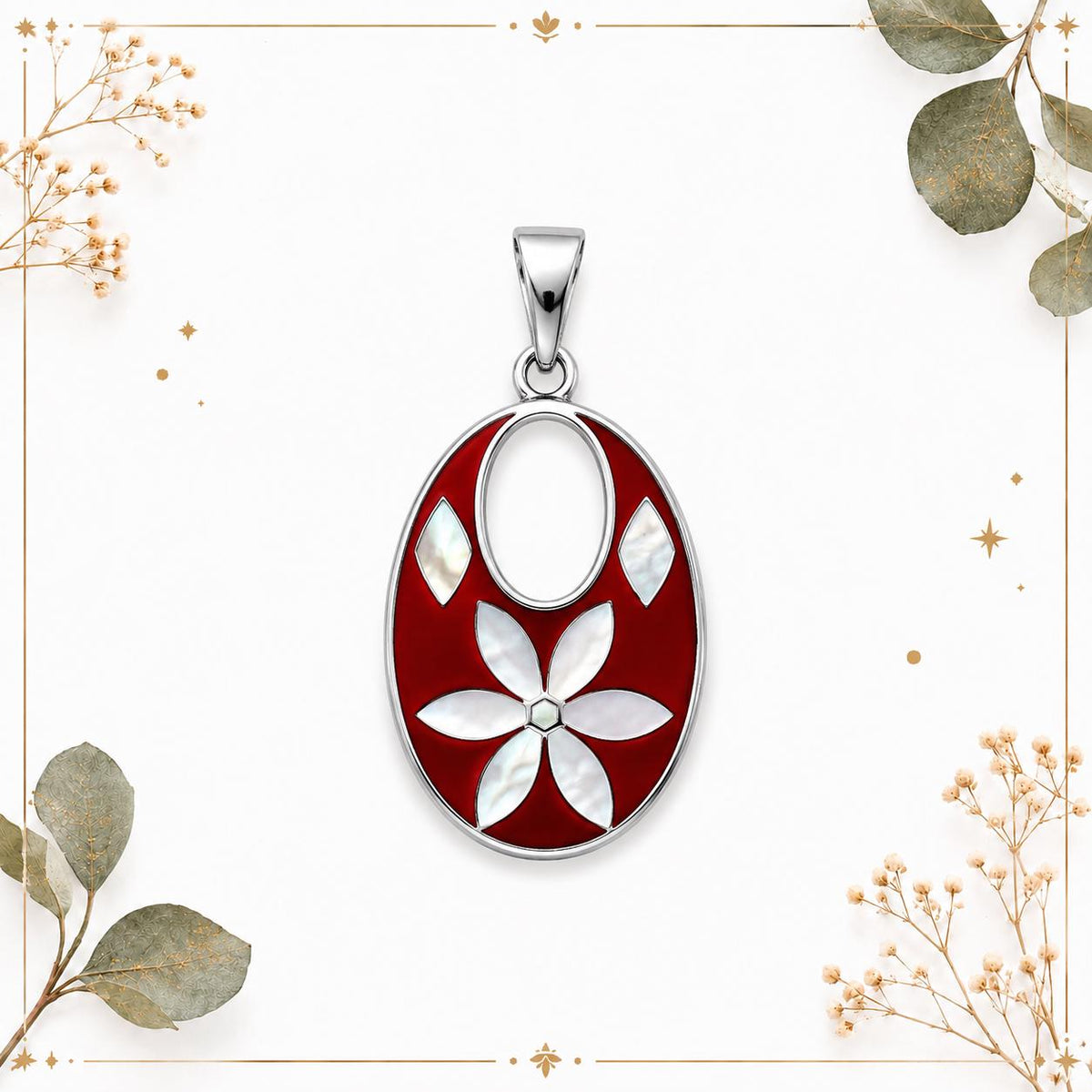 Silver Plated Mexican Pendant – Mother of Pearl Flower, Red Resin Boho Chic Jewelry