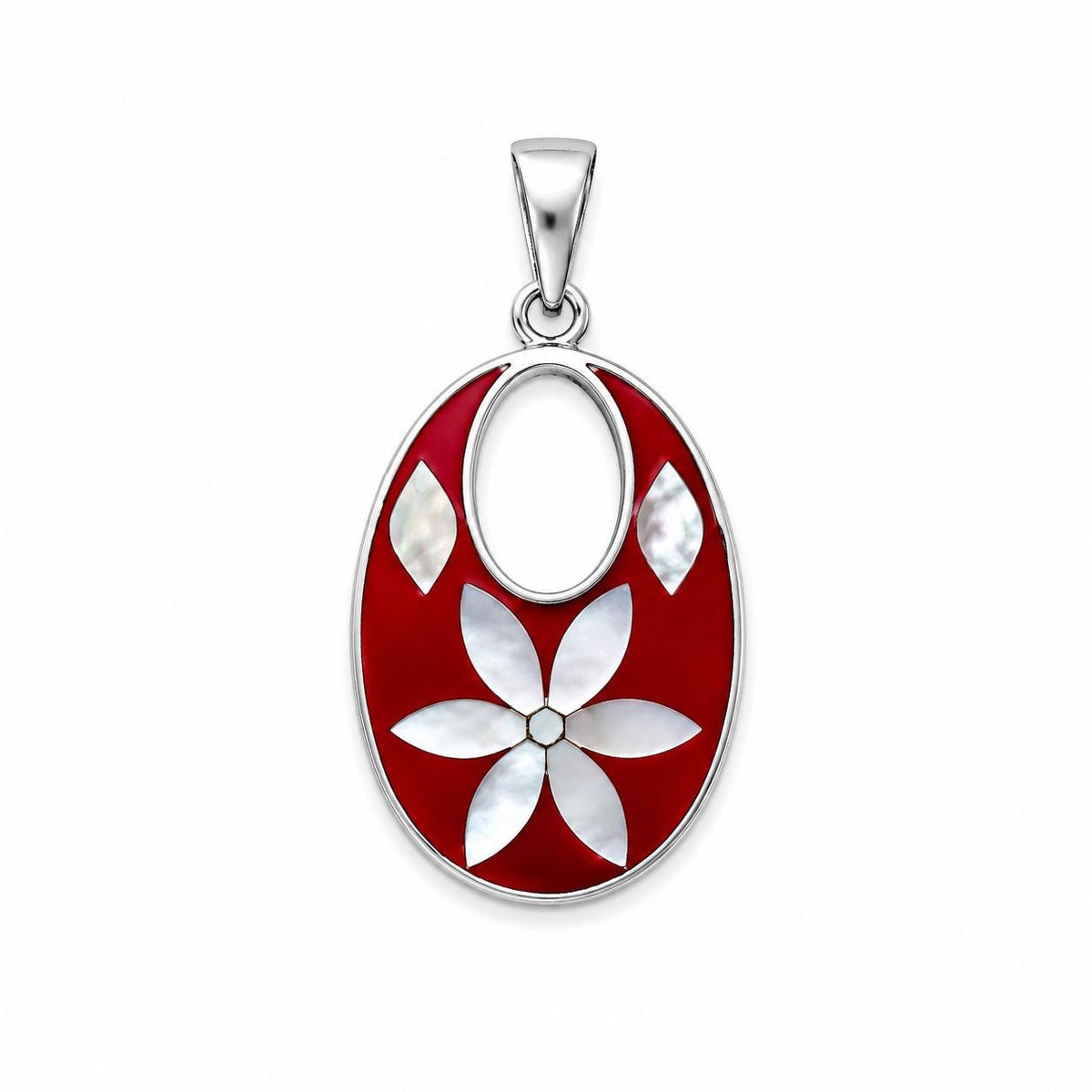 Silver Plated Mexican Pendant – Mother of Pearl Flower, Red Resin Boho Chic Jewelry