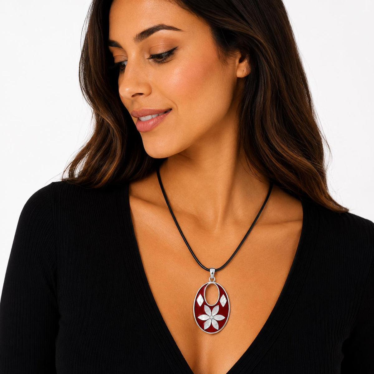 Silver Plated Mexican Pendant – Mother of Pearl Flower, Red Resin Boho Chic Jewelry