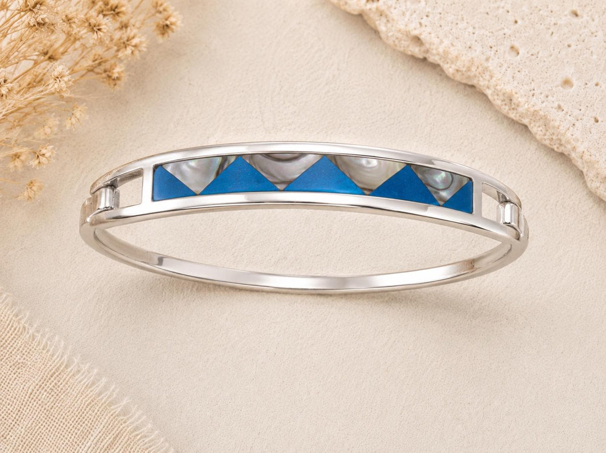Silver Plated Abalone Geometric Blue Enamel Resin Bracelet, Taxco Mexico Boho Chic