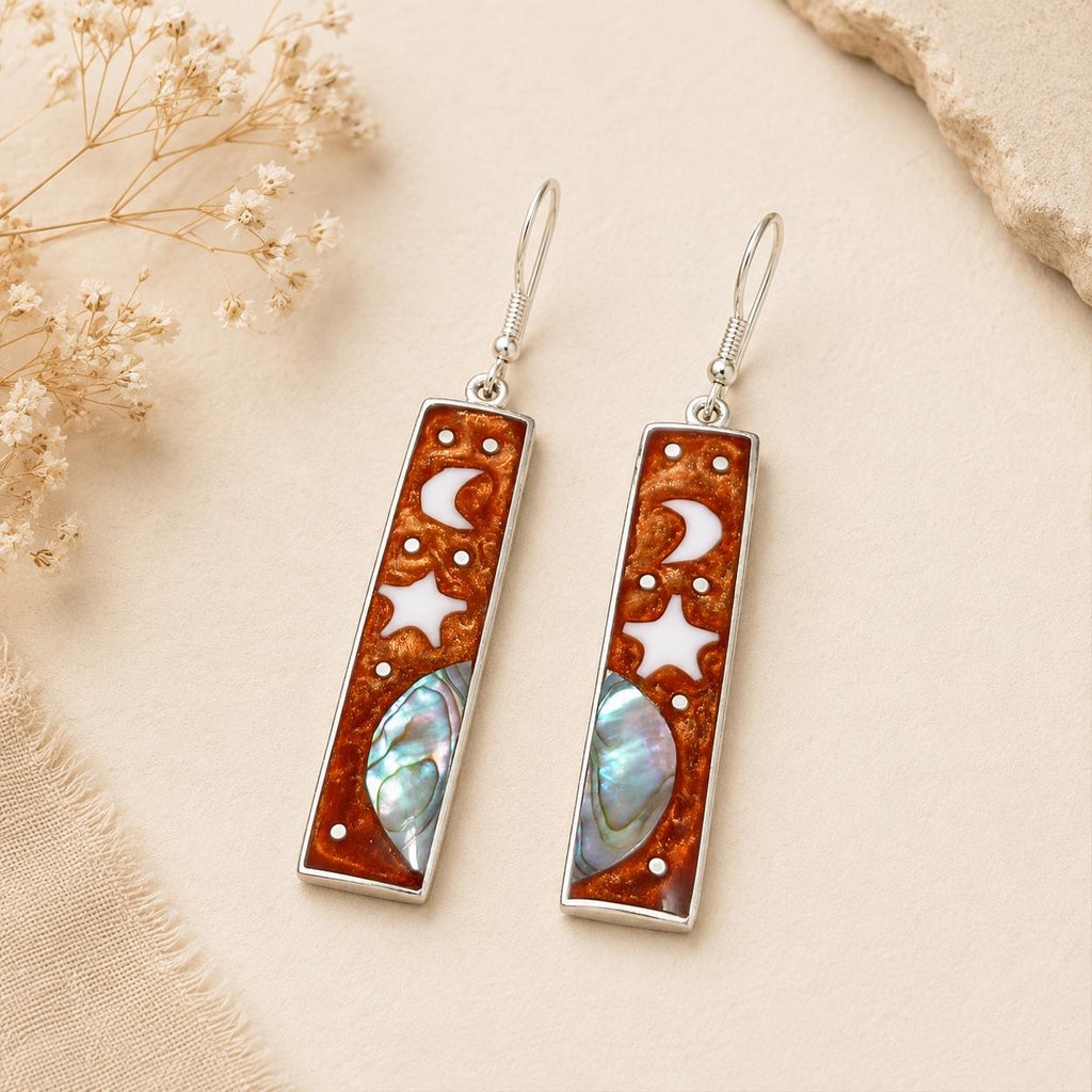 Silver Plated Celestial Earrings with Abalone Moon Star Design – Mexican Artisan Boho Chic
