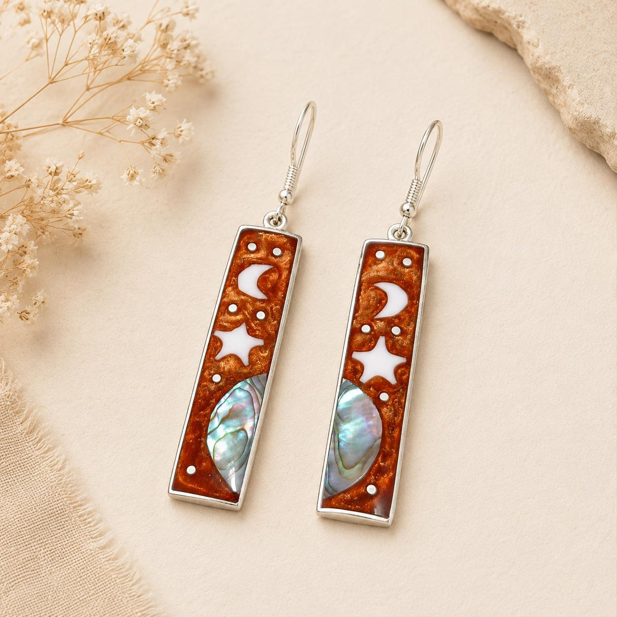 Silver Plated Celestial Earrings with Abalone Moon Star Design – Mexican Artisan Boho Chic